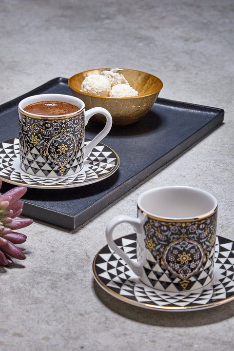 Asaf 24 Ayar Altın Yaldızlı 85 ml 12 Parça 6 Kişilik Çok Renkli Porselen Kahve Fincan Takımı