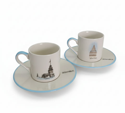 İstanbul Kız Kulesi ve Galata 85 ml 4 Parça 2 Kişilik Porselen Kahve Fincan Takımı