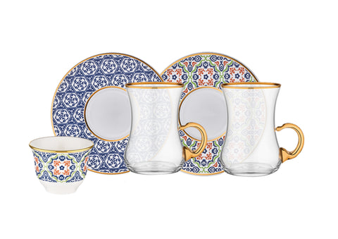 Mahza 18 Parça 6 Kişilik Çok Renkli Cam Mırra ve Çay Takımı