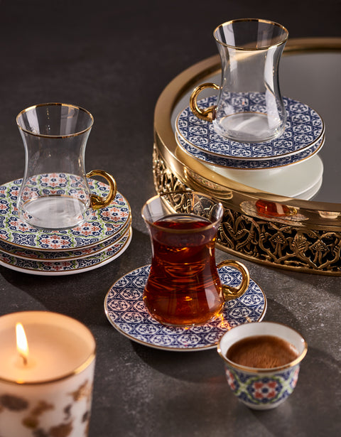 Mahza 18 Parça 6 Kişilik Çok Renkli Cam Mırra ve Çay Takımı